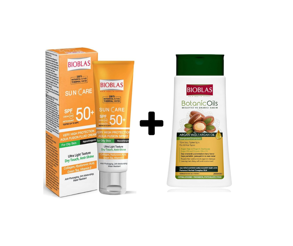 بيوبلاس صن اسكرين للبشرة الدهنية عامل حماية+50  50مل + بايوبلاس شامبو بزيت الارجان 200 مل عرض